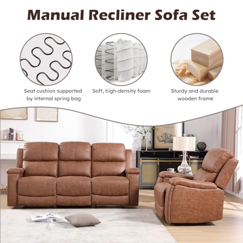 Image of CANMOV Faux Leather Manual Reclining Sofa Furniture Set, 2 Manual Recliner Chair and 3 Seat Recliner Sofa Couch Set for Living Room,Brown