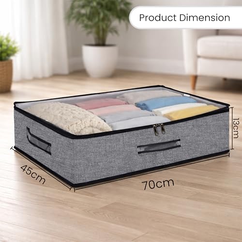 Image of Storite 2 Pack Foldable Underbed Storage Bag - Blankets Clothes Comforters | Breathable Zippered Organizer for Bedroom with Transparent Window and Carry Handles (70 X 45 x 13 cm - Blackgrey)
