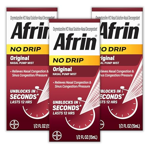 Afrin No Drip Original Nasal Mist Triple Pack Non-Drowsy Fast-Acting Decongestant for Nasal Congestion and Sinus Pressure Relief Adults and Children 6 and Older .5 fl oz (Pack of 3)