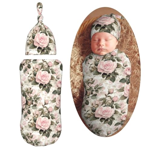 Image of Pink Vintage Rose Floral Swaddle Blanket with Beanie Hat Set Newborn Swaddle Wrap Soft Baby Receiving Blankets Baby Swaddle Blanket for Baby Boys and Girls