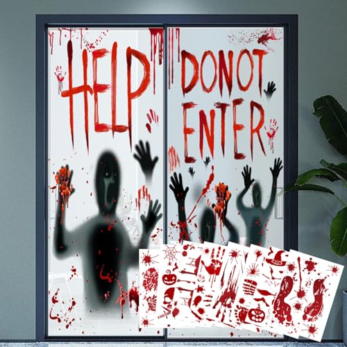 Decorações de Halloween autocolantes, 2 x Halloween janela porta autocolantes e 8 jogos de parede sangrento chão autocolantes, terror sangrentos impressão digital decorativa para o Halloween festa