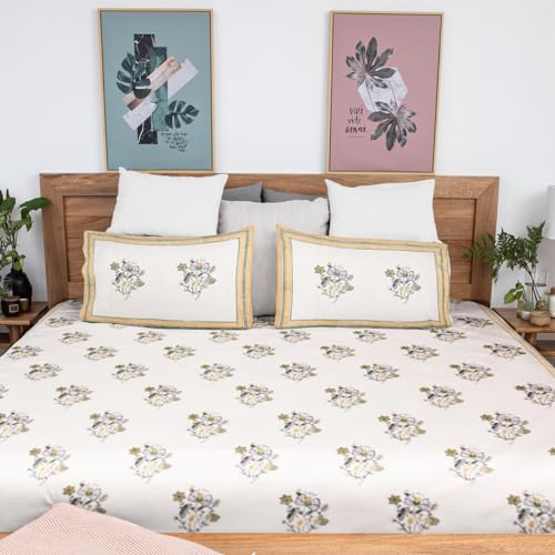 Image of Vasant Premium Hand Block Printed Bedsheet | Bed Sheet Flatsheet | Pure Cotton | Double Bed King Size 108 inchx108 inch | 300 TC Bedsheets | Includes 2 Pillow Covers | Flower Spread