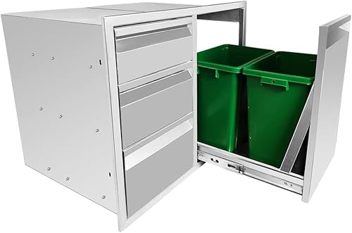 EAWELLPR Combo de cajones de cocina para exteriores W28xH22HXD195 pulgadas con cajones triples y cubos de basura dobles de acero inoxidable con dos