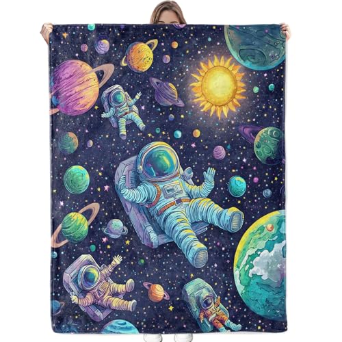 Bidesk Cosmic Astronaut Blanket Soft Cozy Flannel Throw Blanket, Warm Lightweight Colorful Planets and Stars Blankets for Travel, Couch, Bed, for Women Kids Adults, Space Outdoor Comfort Wrap 80"×60"