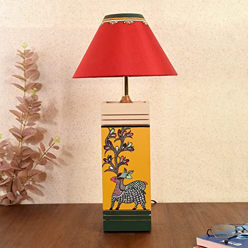 Image of AAKRITI ART CREATIONS MDF Board Table Lamp for Study Room, Bedroom & Living Room Decoration | Madhubani Tree & Deer Motif Bedside Lamp with Cotton Fabric Shade | Aesthetic Night Lamp