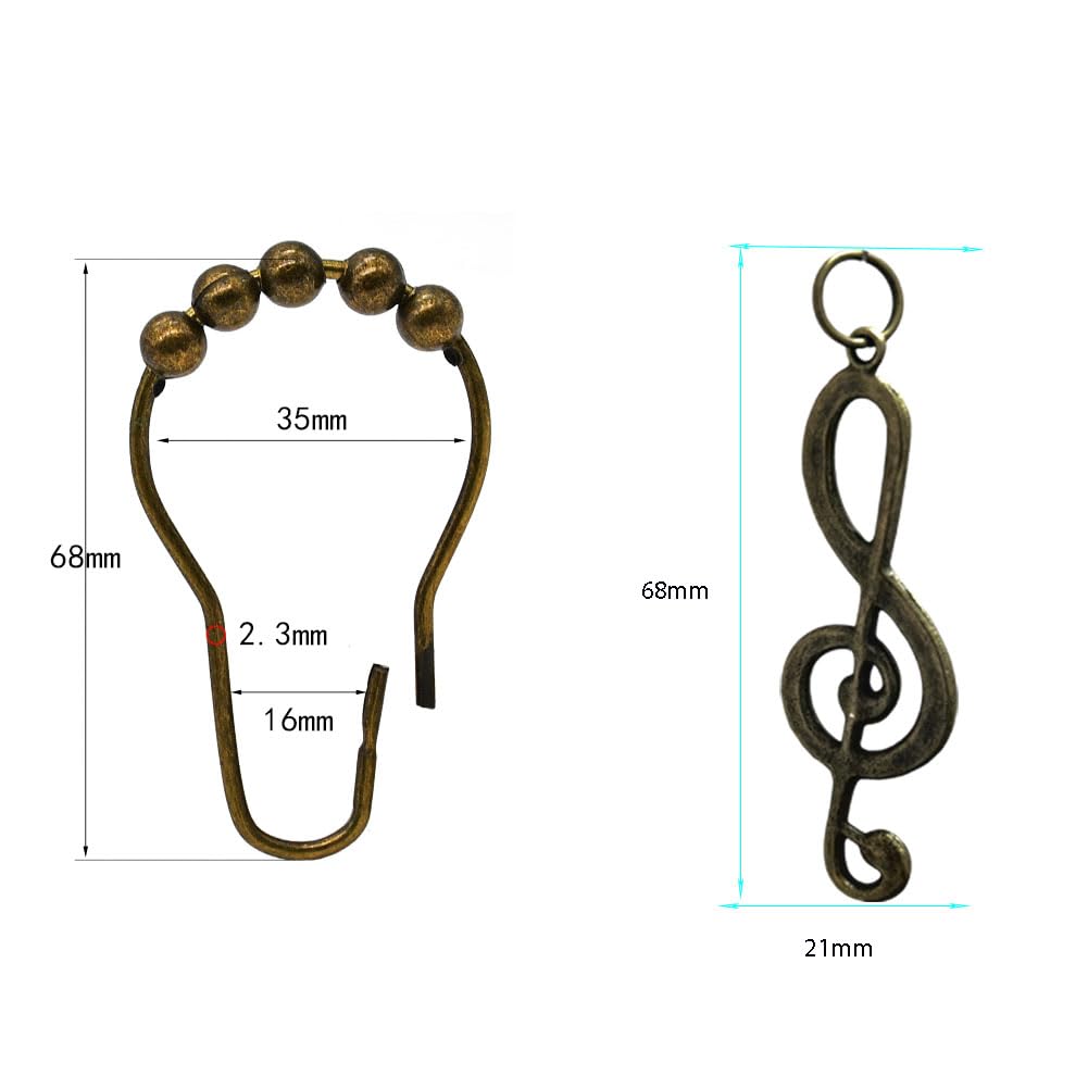 12er Set Duschvorhanghaken Mit Musiknoten-Anhänger – Rostfrei, Bronzefarben – Vintage Deko