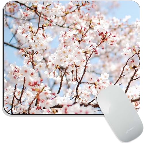Image of Mouse Pad Cherry Blossoms, Premium-Textured Custom Mouse Mat Design, Washable Mousepad Lycra Cloth, Non-Slip Rubber Base Computer Mouse Pads for Wireless Mouse