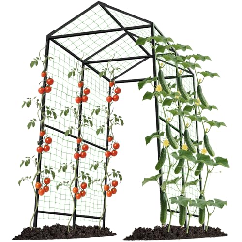 Metal Garden Arch Trellis for Climbing Plants Outdoor, 7.1FT Extra Tall Cucumber Trellis for Raised Bed, Plant Trellis for Vegetable Fruit Flower Vine（Black）