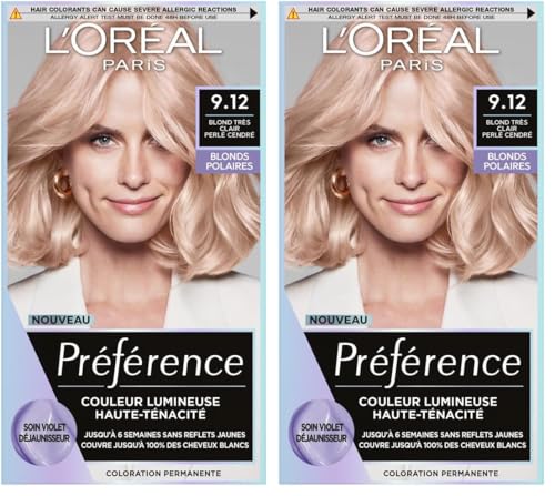 L’ORÉAL PARIS - Coloration Cheveux Permanente - Longue Durée & Lumineuse - Sans Reflets Jaunes - Couvre 100% des Cheveux Blancs - Préférence - Nuance : Sibérie 9.12, Blond très clair cendré perlé