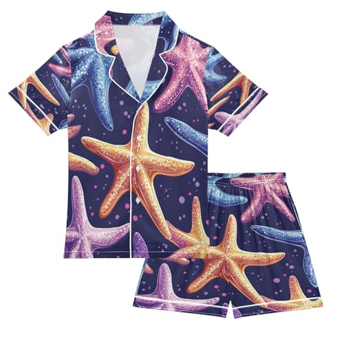 Satin Pajama Sets Short Sleeve Colorful Starfish Pattern Button Down Silky Nightwear 2 Piece PJS 5-14Y