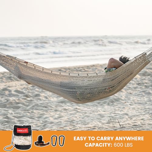 Image of Lazy Daze Hammocks Handwoven XL Mayan Hammock, 10.5 FT Soft Rope Double Hammocks, Portable Outdoor Hammock with Carry Bag, 2 Straps & Carabiners for Patio Outside, 550 lbs Weight Capacity, Natural