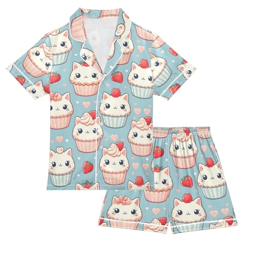 ALAZA Cat Cupcake Strawberry Pajamas Satin Pajama Set Short Sleeve Button Down Sleepwear