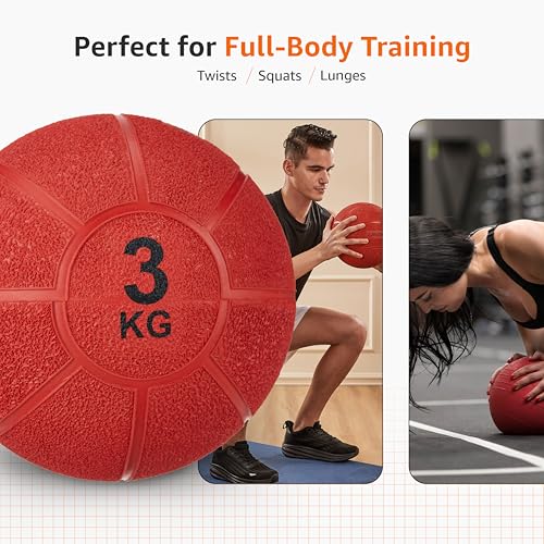 Image of Amazon Basics Rubber Medicine Ball | 3 Kg | for Strength Training, Core Workouts, Endurance Training | Non-Slip Surface | Red