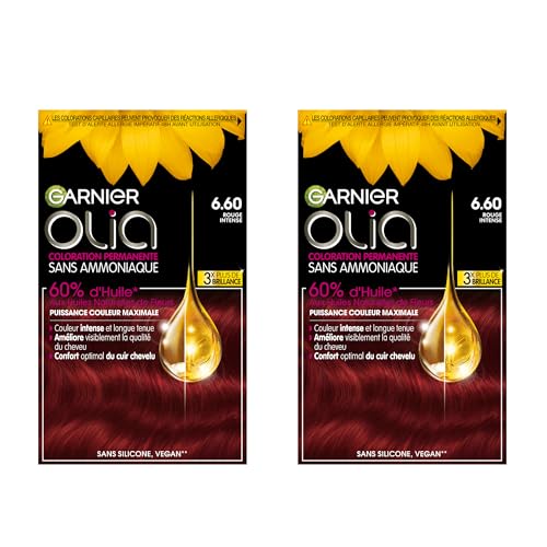 Garnier Olia - Teinture Permanente pour Cheveux Sans Ammoniaque Coloration aux Huiles de Fleurs Naturelles à Action Éclaircissante et Nourrissante Couleur 6.60 Rouge Intense - 2 Packs