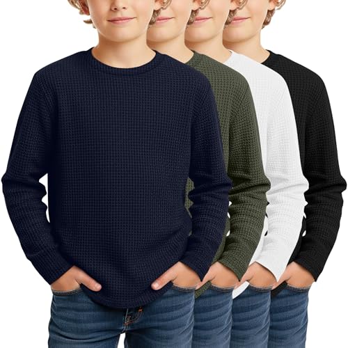 Image of 4 Pack Boys Long Sleeve Waffle Shirts | School Sweaters for Boys, Waffle Knit Thermal Shirts, Crewneck Thermal Casual Tops, Fall, Winter, Kids Clothes for 5-14 Y