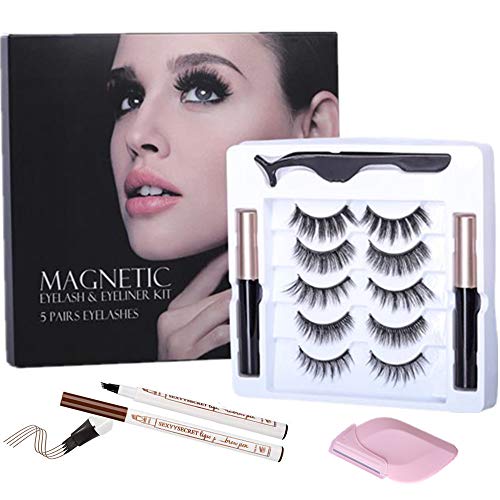 Magnetic eyelashes 3d，magnetic eyeliner kit, equipped with 2 tubes of waterproof eyeliner, reusable magnetic false eyelashes3D [5 pairs]-no glue needed