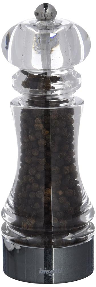 Bisetti Perugia 6.9 Inch / 18 cm Clear Acrylic Pepper Mill With Adjustable Carbon Steel Grinder, Made in Italy