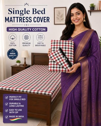 Image of Cotton Mattress Cover Protector for Single Bed with Strong Zip /Chain || Size (72x36x4) Inch / 6x3 Feet (Red)