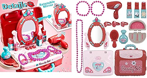 Image of High Trusted Big Beauty Set for Kids Girls 3 in 1 Learning Educational Make Up Suitcase Kit with Makeup Accessories Pretend Play Set Portable Suitcase Toy Gift for Girls (Pink)