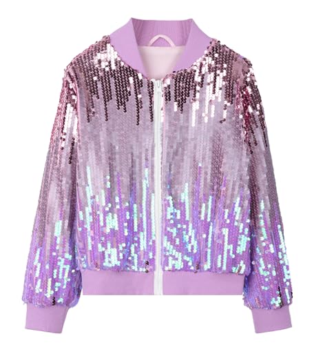 Happy Cherry Girls Sequin Bomber Jacket Long Sleeve Sparkle Gradient Zipper Coat with Pockets Ombre Glitter Outerwear
