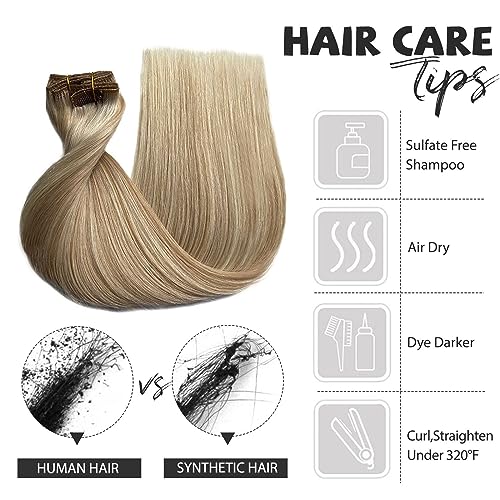 Image of Belaved Clip in Hair Extensions Beach Blonde 14 Inch 70g 7pcs Highlighted Hair Extensions Clip in Human Hair Seamless#8BP60