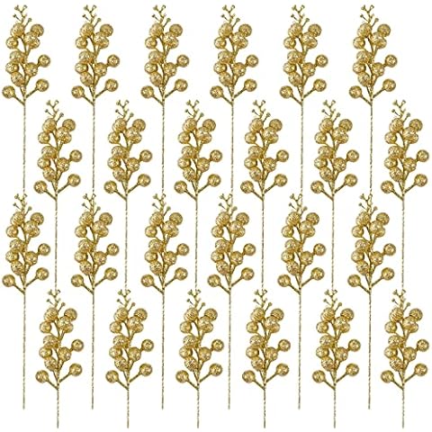 Marrywindix 24 Packs Christmas Glitter Berries Stems Artificial Gold Berry Stems Glitter Christmas Tree Picks Cover