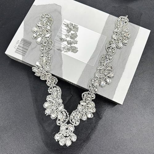 Rhinestones Beaded Flower Mesh Patches Sew On V Neckline Collar Trim Appliques for Dress Clothing Accessory DIY Crafts3