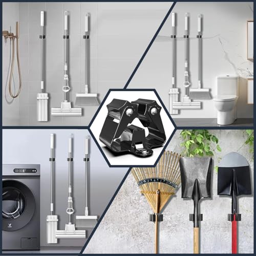 3-H Stainless Steel Broom Holder Wall Mount 6-Pack- Heavy Duty Mop Organizer, Wall Mounted Broom Storage with Secure Mounting for Kitchen Laundry Garage Bathroom (Space Saving)