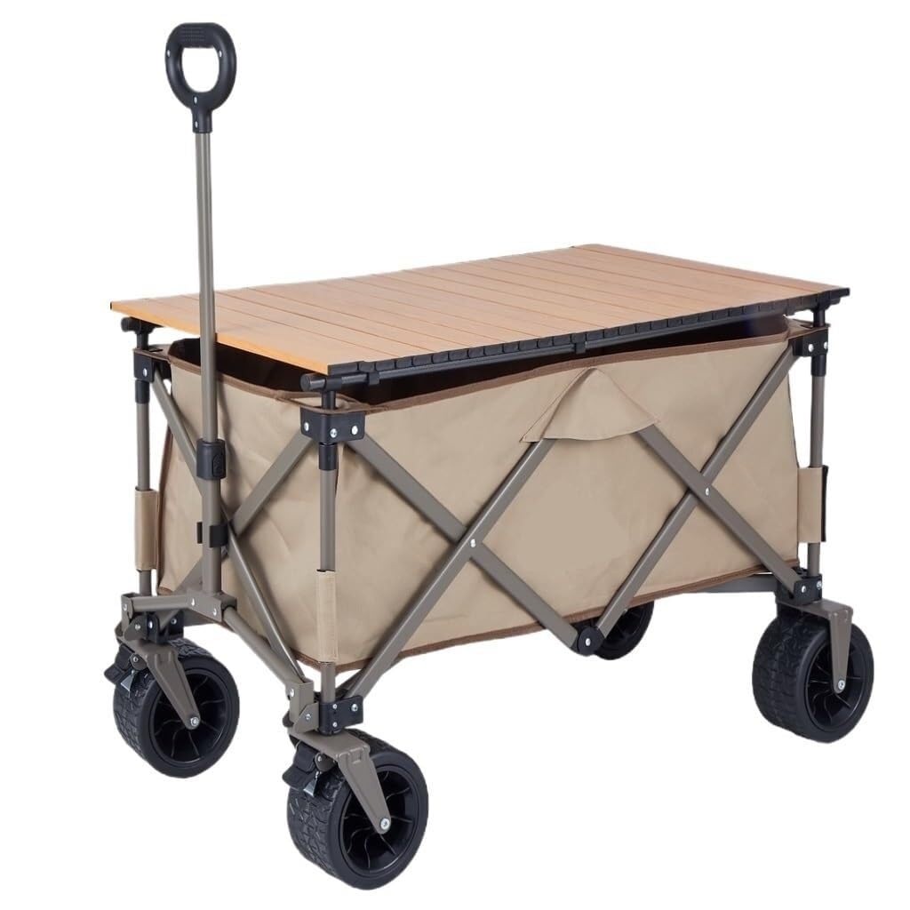 Folding Trolley Cart Outdoor Beach Camping Foldable with Picnic Table and Luggage Compartment(Black)