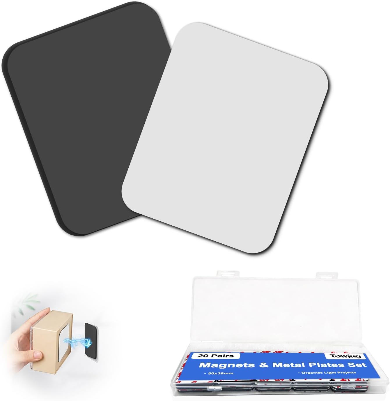 Towjug Adhesive Magnetic Tape and Metal Plate - 20 Flexible Magnets with Iron Sheets for DIY Projects, Classroom Use, Office and Home Organization