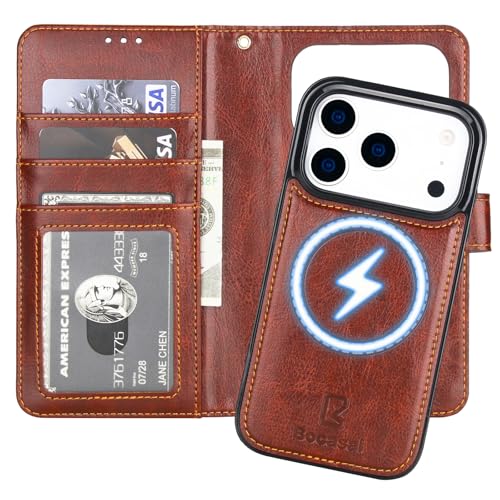Bocasal for iPhone 17 Pro Wallet Case Compatible with MagSafe Wireless Charging RFID Blocking Magnetic Leather Case with Card Slots Holder Kickstand Detachable Wrist Strap 6.3 Inch (Brown)