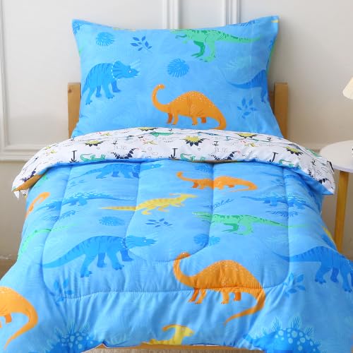 Image of Viviland Toddler Comforter Sets, 4 Pieces Bedding Sets, Dinosaur Pattern | Microfiber Blue Dino Bed Set, Boys, Breathable & Soft, Comforter, Bed Sheet, Fitted Sheet and Pillowcase, Machine Washable