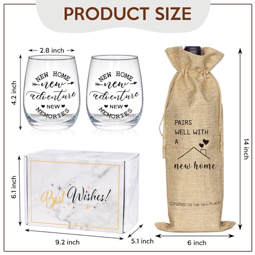 House Warming Gifts New Home, Housewarming Baskets Stemless Wine Glass & Bottle Bag Set for Newlywed Couple, Women, Friends, New Homeowner, Unique Closing Gift for Home Buyers, Clients