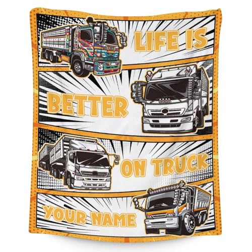 Personalized Truck Blanket Gifts with Name - 40x50 Inches Funny Throw Blanket for Boys & Kids - Black Soft Fuzzy Car Blankets for Bed, Couch & Living Room