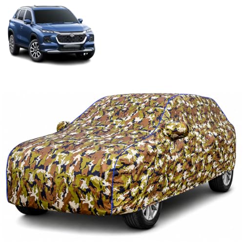Image of Waterproof Car Body Cover for Maruti Suzuki Grand Vitara with Mirror Pocket| Cotton Inner Lining | Triple Stitched | All Weather Protection | Dust, UV & Rain Proof (Camouflage with Blue Piping)