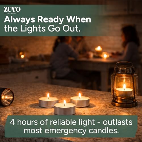 Image of Zuvo Tea Lights Candles 4 Hour Burn (100 Pack) - White Lights - 1.5 inchW x 1 inchH Smokeless & Unscented Candles - Party Candles- for Weddings, Home Decor