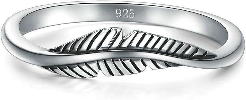 BORUO Anillo de Plata de Ley 925, Anillo de Plumas Tamaño 4-12