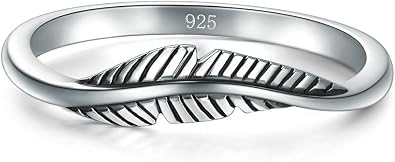 BORUO 925 Sterling Silver Ring, Feather Ring Size 4-12