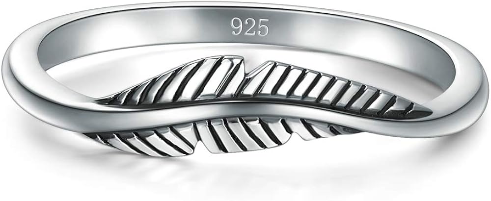 BORUO 925 Sterling Silver Ring, Feather Ring Size 4-12