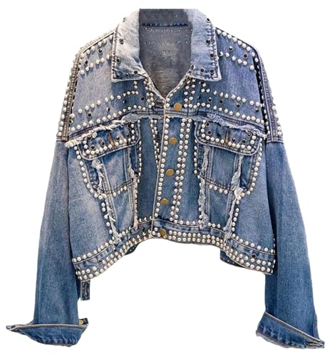 Women's Cotton Polyester Viscose Denim Jacket with Batwing Sleeves and Turn-Down Collar