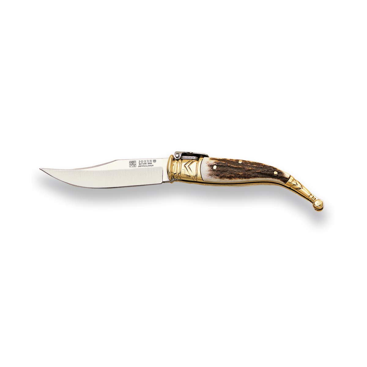 Joker Jerezana Pocket Knife Sevillana NC02 with Brass Ferrule, Deer Horn Handle, MOVA Blade 2.95 inches, Fishing Tool, Hunting, Camping and Hiking