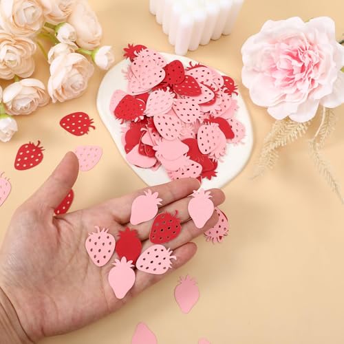 Image of 100Pcs Strawberry Party Decorations, Pink Red Paper Confetti - Sweet Berry Table Decor for Birthday /Baby Shower /Summer Fruit Themed Party Supplies Christmas Decoration
