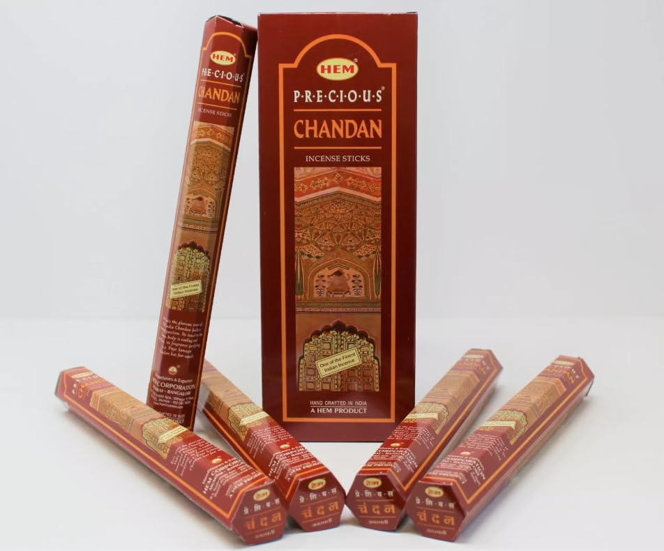 HEM Precious Chandan Incense Sticks - Pack of 6 (120 Sticks) with JRose Wooden Incense Holder | Sandalwood Fragrance