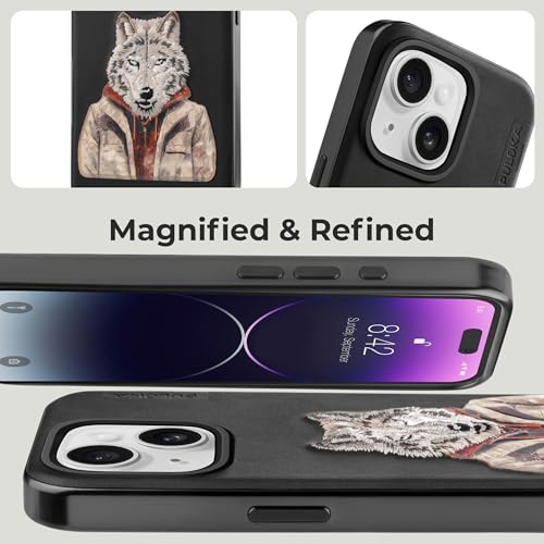 Image of PULOKA - Mobile Cover Compatible for iPhone 15 - Wolf Embroidery - Sleek & Stylish - Protective & Anti Scratch Phone Cover Vegan Leather Back Case - Men & Women - Black