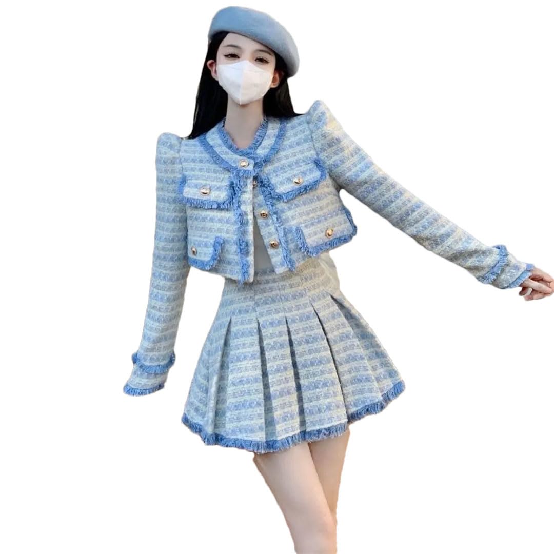 Womens Long-Sleeved Round-Neck Spring Tassel Tweed Blazer and High-Waisted Pleated Miniskirt Two-Piece Suit