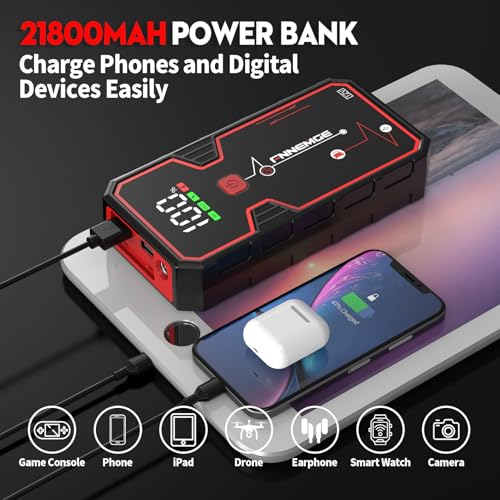 Car Jump Starter 4000A Peak 21800mAh 12V Super Safe Jump Starter(Up to 8.0L Gas or 6.5L Diesel Engine), with USB Charge Output Port,LED Light,HD Large Screen.