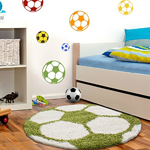 Carpettex Kinderteppich Fußball-Design Grün 100 cm Rund - Hochflor Teppich Kinderzimmer für...