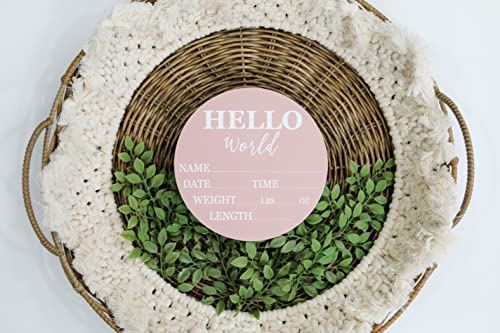 Image of Baby Announcement Sign for Newborn Boys and Girls (Color Bases) - Hello World Nursery Decor Sign & Photo Prop for Babies Made of Birch Wood - 6 inch Circle Board (Pink)