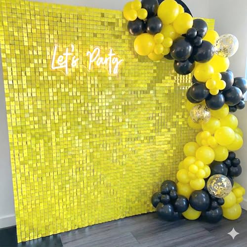 Image of COKAOBE Yellow Shimmer Wall Backdrop, 24PCS Square Sequin Shimmer Backdrop Panel, Photo Backdrops for Birthday, Anniversary, Wedding, Graduation & Bachelorette Party Decoration