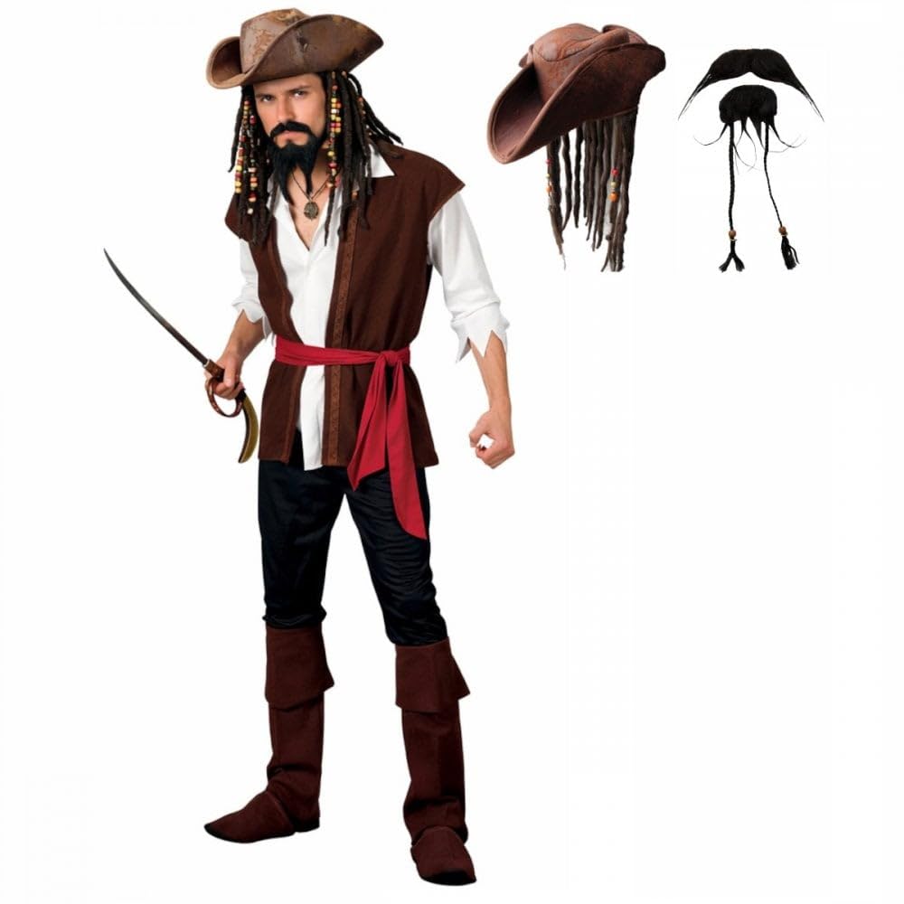 Titch & Timbo Adult Mens Caribbean Captain Jack Pirate Fancy Dress Costume + Hat With Hair & Beads + (Beard & Tash Option) : Men's Pirate Outfit (Costume + Hat/Braids & Beads/Beard & Tash, Medium)